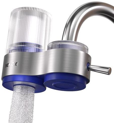 DEKEXI Wasserfilter Wasserhahn Wasserfilter Für Den Wasserhahn Trinkwasser-Filter für Zuhause Küche Aktivkohle Eduziert Chlorgehalt Schlechter Geschmack Metallgehäuse mit 1 Ersatzfilter (blau)