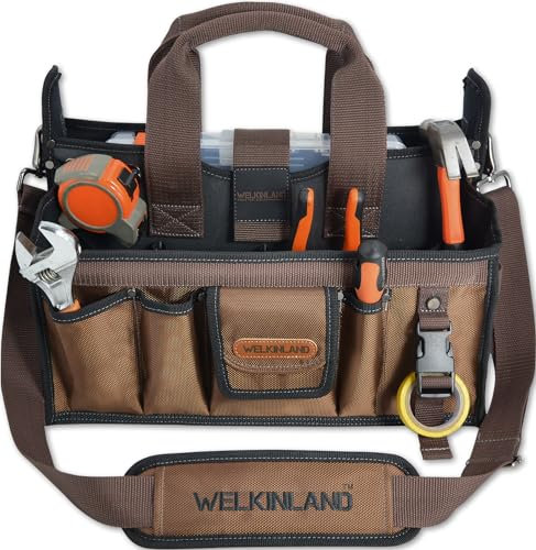 WELKINLAND Werkzeugtasche mit 20 Fächern, 40,6 cm Elektriker-Werkzeugtasche, offene Werkzeugtasche, HVAC-Werkzeugtasche, braune Tech-Werkzeugtaschen, HVAC-Tasche, Werkzeugtasche mit Griff