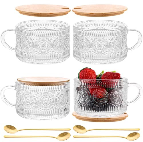 LDHHYH Set di 4 tazze da caffè grandi, 450 ml, in vetro vintage, per latte, cereali, latte macchiato, set con coperchio e cucchiaio, tazze da caffè trasparenti in vetro per cappuccino, per latte,