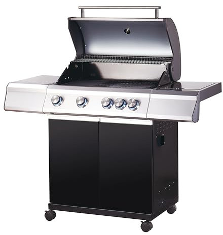 Tarrington House Barbacoa de gas Paxton de 4 + 1 Quemadores, Acero/Acero Inoxidable, Tapa con Termómetro, Mesa Auxiliar, Ruedas, Negro