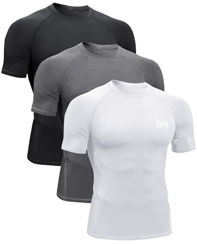 MEETYOO Hauts Compression de Running Homme,Maillot de Fitness Fonctionnel à Manches Courtes Maillot de Sport Homme Respirant Maillot de Course pour Sports Jogging Musculation,Noir+Blanc+Gris,XL
