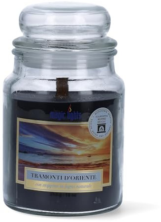 Magic Lights - Candela Profumata Giara 510gr Sandalo Tramonti D'Oriente - Stoppino Legno Che Scoppietta - Cera Vegetale Min. 75% - Made in Italy