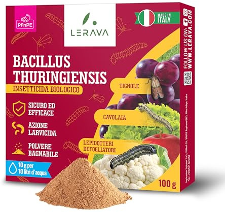 LERAVA Bacillus Thuringiensis Kurstaki (100 g) - Insetticida biologico per piante - Effetto larvicida contro bruchi, cavolaia e farfalla del geranio - Ideale per rose e orto - Made in Italy