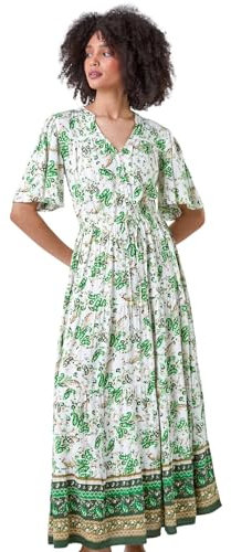 Roman Originals Shirred Empire Waist Dress for Women UK Ladies Midi Maxi Summer Spring Tiered Frill Hem Short Sleeve V Neck Button Through Boho Bohemian Holiday Cruise - Green Natural - Size 12