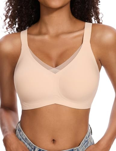 Vinfact Womens V Lace Wireless Seamless Bras No Underwire Comfort Push Up Bras Supportive Full Coverage Bralettes T Shirt Bra, Nude, M