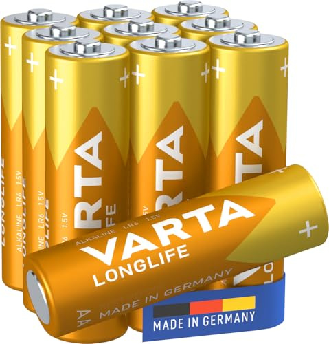 VARTA Longlife - Pilas alcalinas AA (10 Unidades, 1,5 V, Ideal para cámara Digital, Controlador, Monitor de presión Arterial Embalaje sin plástico)