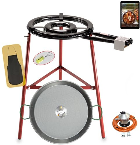 COMBOI Paellero gas butano, kit professionale bruciatore piatto 45 cm, padella lucidata 60 cm, regolatore, tubo, gambe rinforzate, livello, grembiule, libro ricette digitali (kit Paellero Pro 45 cm)