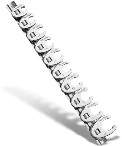 DURATECH 10-Piece 3/8 Drive Crowfoot Spanner Set 10-22 mm, Open End Crowfoot Wrench Set, Mirror Finished Chrome-Plated, 5 Point, Metric, with Storage Rail