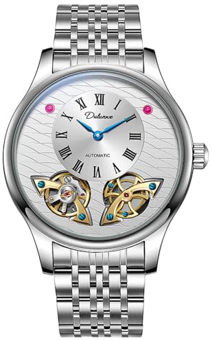 DAXIAOYU Orologio da polso classico da uomo con numeri romani meccanici automatici di lusso scheletro cavo doppio quadrante volante design orologio da polso impermeabile business Tourbillon, Argento