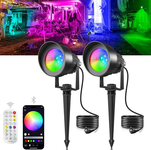 T-SUN 2 Pezzi Faretto RGB da Giardino con Telecomando & Bluetooth COB Alluminio Esterno con Adattatore A Tempo Colore Regolabile IP65 Impermeabile Faretti LED da Esterno per Sentiero Terrazza Natale