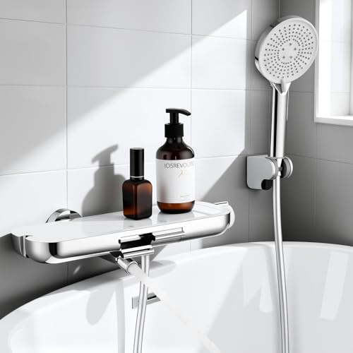 HOMELODY Robinet de baignoire avec douchette à main, bec pivotant à 360°, robinetterie de baignoire avec douche, tablette en verre, tuyau PVC 1,5 m, mitigeur mural