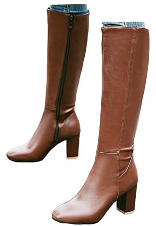 Xbemkste Women's Boots with Heel Leather Boots Knee-High Boots with Zip Warm Lined Winter Boots High Women's Boots High Heels Boots Long Shaft Boots, brown, 5 UK