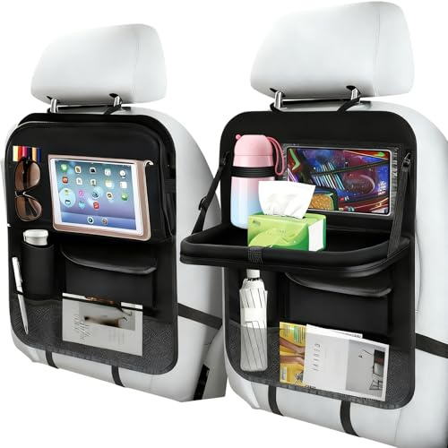Pmueuff Organizer Auto Bambini, 2 Pezzi Proteggi Sedile Auto Bambini con Tavolino Pieghevole e Tasca Trasparente per iPad/Tablet Organizer per Sedile Posteriore Universale per Deposito Autos