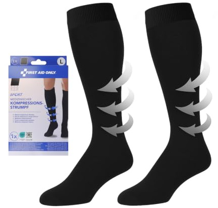 First Aid Only Medizinische Kompressionsstrümpfe SPORT Schwarz L | Stützstrümpfe Klasse I (15-21mmHg) unterstützen schonend bei Lipödem, Cellulite, Krampfadern | P-10085