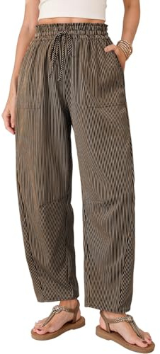 Dokotoo Women's Barrel Casual Striped Pants High Waisted Wide Leg 2026 Spring Fashion Balloon Trousers with Pockets Tapered Dressy Business Casual Work Outfits Cruise Outfits,Brown Stripe Large