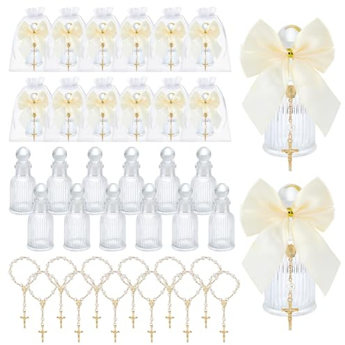 ACRNIGHEET 16 Sets Holy Water Bottles with Cross Rosarios Pearl Bracelet Memorabilia Gifts, Baptism Favors for Guests, Glass Holy Water Container for Guests Baptism Gifts First Holy Communion Wedding