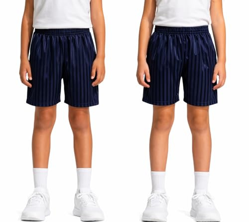 KHIM Pack of 2 Shadow Stripe School PE Sports Football Games Shorts Boys Girls Kids Childern (2-3 Years Navy Blue)