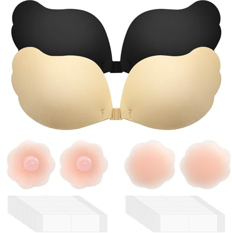 CATELL Soutien-Gorge Adhésif Push Up pour Les Robes de Soirée Réutilisable | 2 Pcs Soutien Gorge Adhésif Gorge Adhésifs Noir & Beige avec 4 Coussinets de Tétons & 36 Bandes de Corps pour Robes de Mariée
