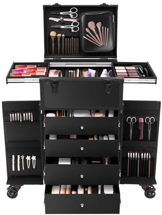 Chariot cosmétique à roulettes - Grand organiseur de maquillage professionnel - Sac de voyage en alliage d'aluminium ABS - Capacité de charge de 30 kg - Noir