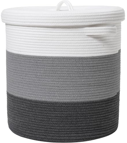 16 x 16 x 18 Extra Large Storage Basket with Lid, Cotton Rope Storage Baskets, Laundry Hamper, Cloth Bin, for Clothes Towels Blankets Pillows Storage in Living Room, Grey/Dark Grey with Cover