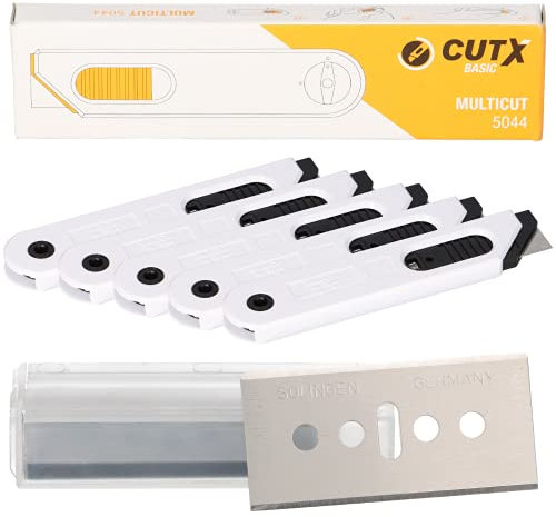 5er SET CUTX MULTICUT X5044 + 10 Ersatzklingen Cuttermesser Sicherheitsmesser Kartonmesser Cutter mit autom. Klingenrückzug