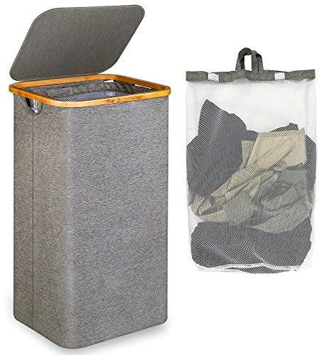 efluky Wäschekorb mit Deckel, 100 Liter hoher Wäschebox mit Bambus Henkel und Innentasche, faltbarer groß XXL Waschekorbsammler zur Aufbewahrung von Kleidung und Spielzeug, Laundry Baskets grau