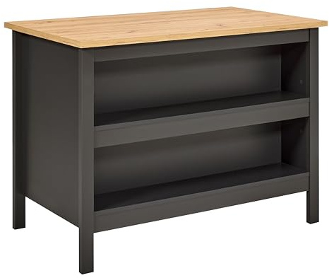 Inter Link - Isola per cucina - Isola centrale - Piano di lavoro - Mobile cucina con ripiani - Melaminico - Lunghezza 124 cm - Altezza 82 cm - Profondità 75 cm - Nellina - Antracite/Rovere Artisan