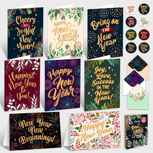Decorably 24 Pack Gold Foiled 6x4in Happy New Year Cards with Envelopes & Stickers, 8 Folded Elegant Designs for Friends, Family and Loved Ones, with Printed Message Inside, Gifting & Mailing