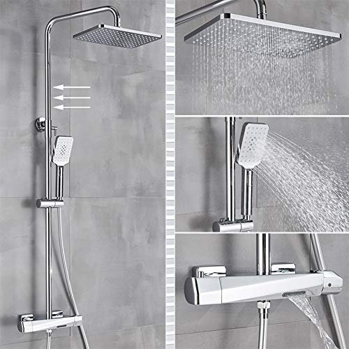 UNLOU Chrome Shower Faucet Thermostatic Bath Faucet Rain Shower Head Wall Mounted Bathtub Mixer Tap Thermostat controled Shower Set,Round,Tube Chrome