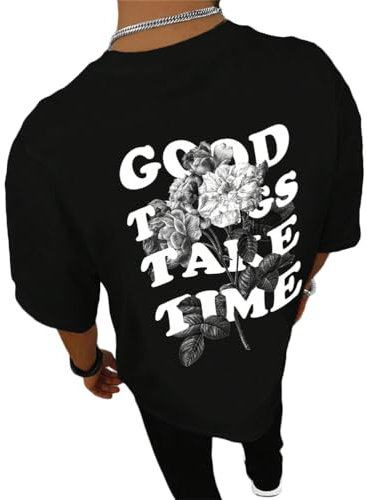 Tomwell Oversized Tshirt Herren Rundhals Kurzarm Lose Sommer Oberteile Mode T-Shirt mit Backprint Vintage Drucken Streetwear Sport Casual Lang Tops A Schwarz L