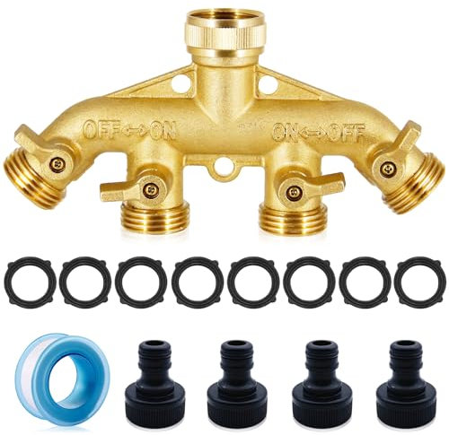 WishesMar Distributeur 4 Voies Arrosage Fabriqué en Laiton Massif avec 4 Sorties Distributeur Débit d'eau Réglable et Verrouillable - Repartiteur Robinet Eau 3/4 pour l'irrigation du Jardinage