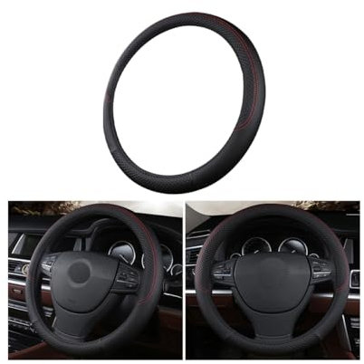 CGEAMDY Leather Embossed Car Steering Wheel Cover 38cm Microfiber Leather Steering Wheel Cover Classic Black
