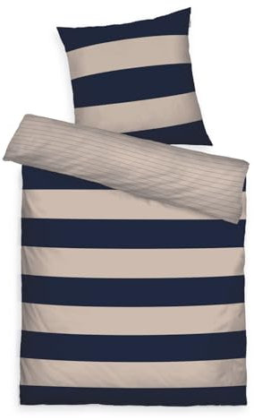 TOM TAILOR Renforcé-Bettwäsche, 80x80 cm + 135x200 cm, 100% Baumwolle/ Renforcé, mit Wendemotiv und farbigem Markenreißverschluss, BOLD STRIPES Blau, Beige (Dark Navy & Sunny Sand)
