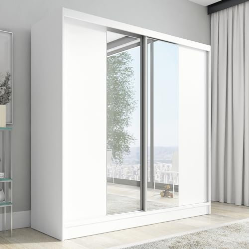 A&J MöbelLand Schwebetürenschrank Duo Kleiderschrank 2-türig mit Schubladen, und Spiegel, Garderobe 200 cm