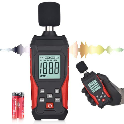 Medidor de decibelios profesional con almacenamiento de datos | Medidor de nivel de sonido digital portátil | Medidor de nivel de sonido 30 – 130 dB (A/C) para casa, obra, oficina | Iluminación LCD,
