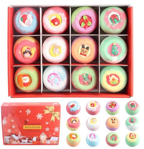 Focenat 12 Pezzi Bombe da Bagno Naturali, Bombe da Bagno Set Natale Regalo con Olio Essenziale, Palline da Bagno, Bombe da Doccia per Rilassamento Mentale, Natale Regalo per lei/fidanzata/moglie