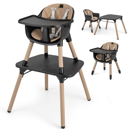COSTWAY Convertible Baby High Chair, Adjustable Infant Dining Chair with Removable 2-Position Tray, 5-Point Harness, Toddler Feeding Highchair for 6-36 Months (Black+Coffee)