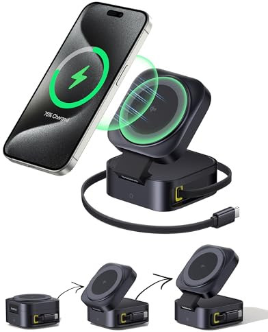 Baseus 2-in-1 iPhone Ladestation, kompatibel mit MagSafe Ladegerät Wireless Charger für iPhone 16/16 Plus/16 Pro/16 Pro Max/15/14/13/12, AirPods, mit 67 W Einziehbar USB-C Kabel für MacBook Pro/Air