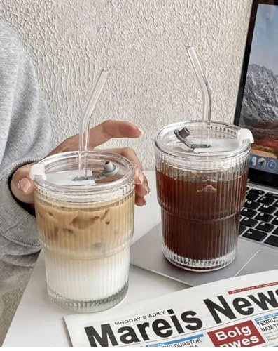 Pavlleen 2 Piezas vasos de cristal con tapa y pajita,Vasos de Vidrio Acanalado,herméticos y resistentes al agua,para Agua,Jugo,Café,Batidos