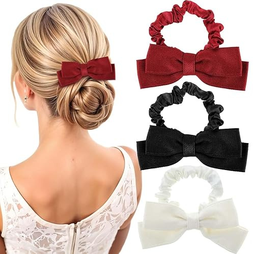 3pcs Bow Scrunchies, Mabor Black Red White Bowknot Hair Ties Ropes Elastic Bands Ponytail Holder Wedding Bachelorette Party Christmas Accessories for Thick Long Hair Women