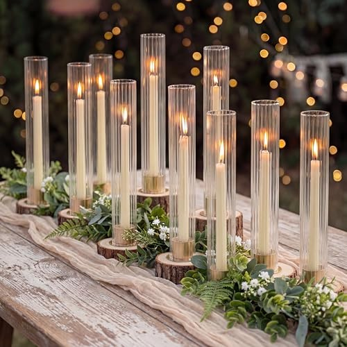 NUPTIO Portacandele Hurricane per centrotavola: set di 10 portacandele conici in metallo con cilindri in vetro a coste portacandele dorati per feste all&apos aperto cene matrimoni decorazione da