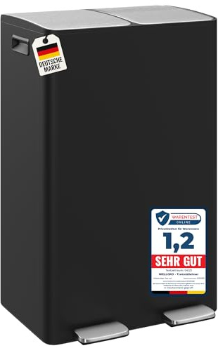 WELLGRO Mülleimer Küche 60 Liter - Edelstahl Tretmülleimer schwarz 2 Fächer, Mülltrennsystem 2 x 30 Liter, Absenkautomatik, klappbare Fußpedale