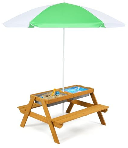 SOARS Cuisine Enfant en Bois de Sapin, Cuisine Exterieur Enfant avec Parasol Réglable en Hauteur, Plateau de Table Amovible & 2 Boîtes de Jeu, Charge 50KG, pour Garçon & Fille 3-7 Ans (Vert+Blanc)