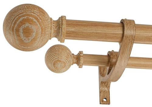 Double Wood Curtain Rods for Windows 36 to 72 Inches,1 Inch Front and 5/8 Inch Back Farmhouse Wooden Curtain Rod with Imitation Wood Grain Ball Finials and Double Aluminum Bracket,Light Wood Grain