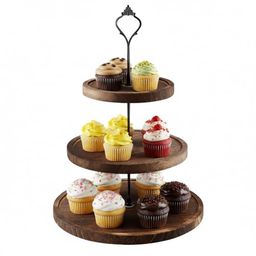 Alzata per Dolci a 3 Livelli in Legno, Supporto per Cupcake e Torta con Manico in Metallo, Espositore da Tavolo per Frutta, Buffet, Compleanno, Matrimonio, Natale
