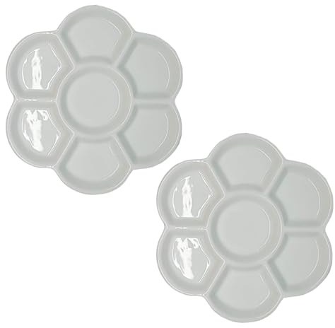 2Pcs White Round Watercolor Paint Palette Tray Water Color Palletes Washable Paint Ceramic Paint Palette Porcelain Watercolor Palette for Watercolor Gouache Acrylic Oil Painting (7-Hole)