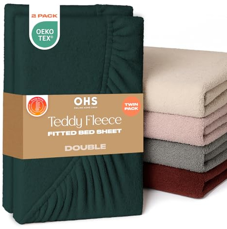 Brentfords Double Fitted Sheets 2 Pack, Teddy Fleece Fitted Sheet Bed Cover Deep Pocket 25cm Double Bed Sheets Fluffy Bedding Fade Resistant Cuddly Cosy Teddy Bear Bedding, Forest Green