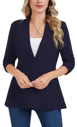 LADI TREND Womens Blazer Button Front Suit Jackets Ruched 3/4 Sleeve Lightweight Stretchy Fitteded Peplum Blazer for Bussiness Casual (Navy Blue, L)