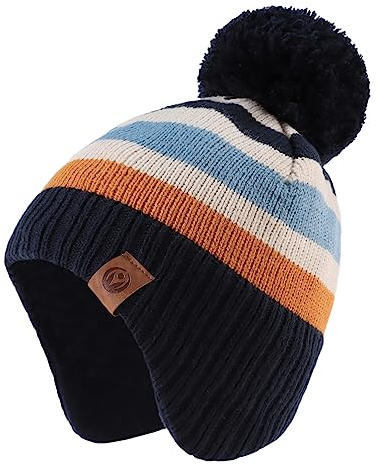 JANGANNSA Knitted Baby Hat Scarf Set Winter Warm Boys Girls Beanie Fleece Lining Toddler Kids Hats with Pompom (Navy Striped Hat, L)