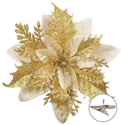 GL-Turelfies Lot de 12 fleurs de Noël à paillettes (15 cm) avec 12 poinsettia artificielles pour sapin de Noël